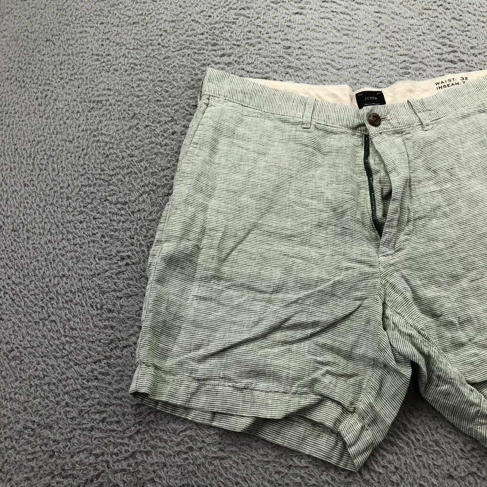 J. Crew Shorts Mens 32 Green Striped Chino Flat Front 7 Inseam Linen Casual